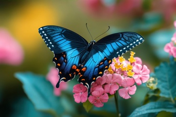 停留在花卉上的蓝色蝴蝶