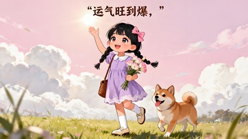 卡通女孩与小狗草地漫步插画