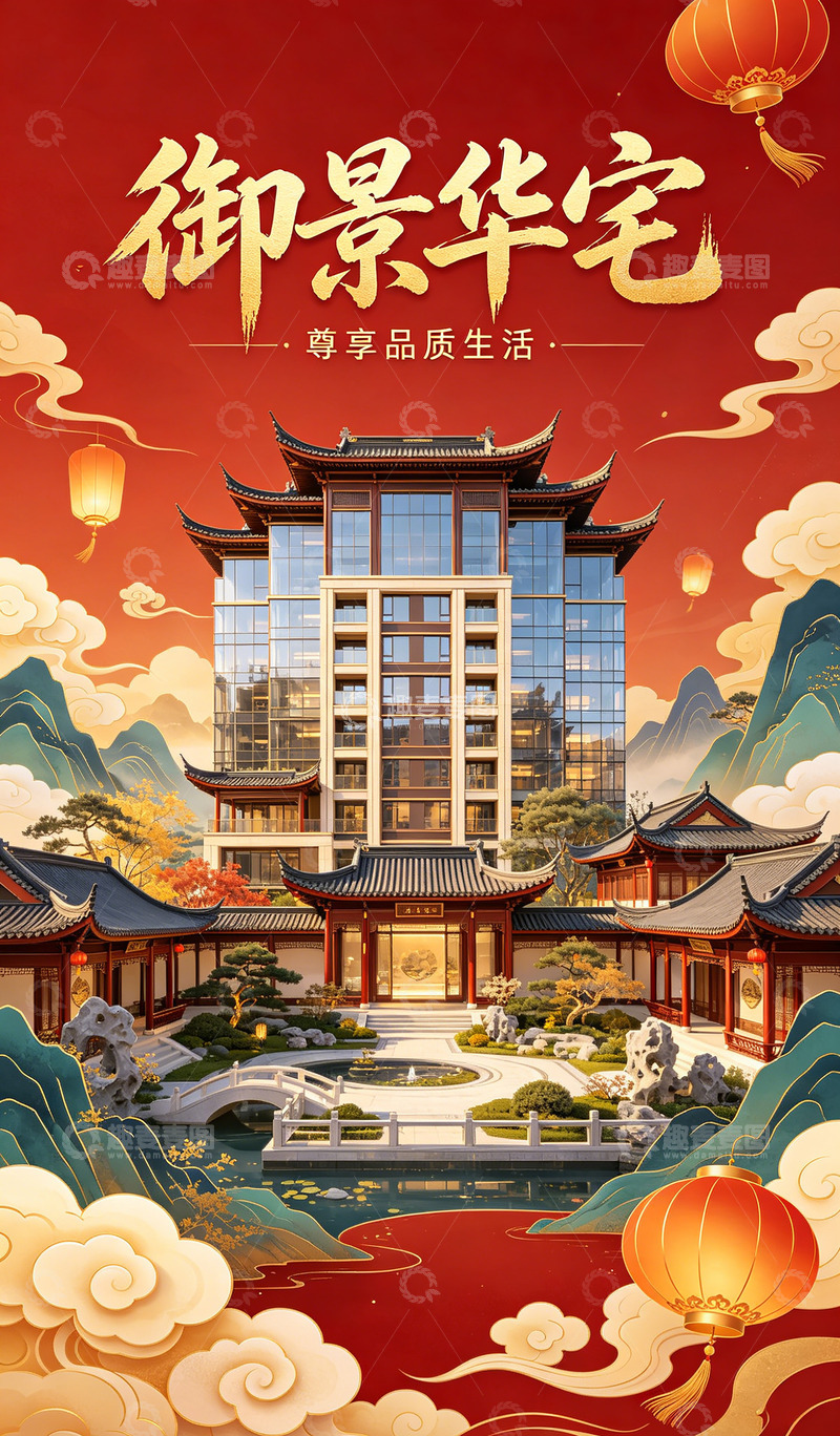 高清大图下载【趣麦麦图】中式古典御景华宅宣传海报