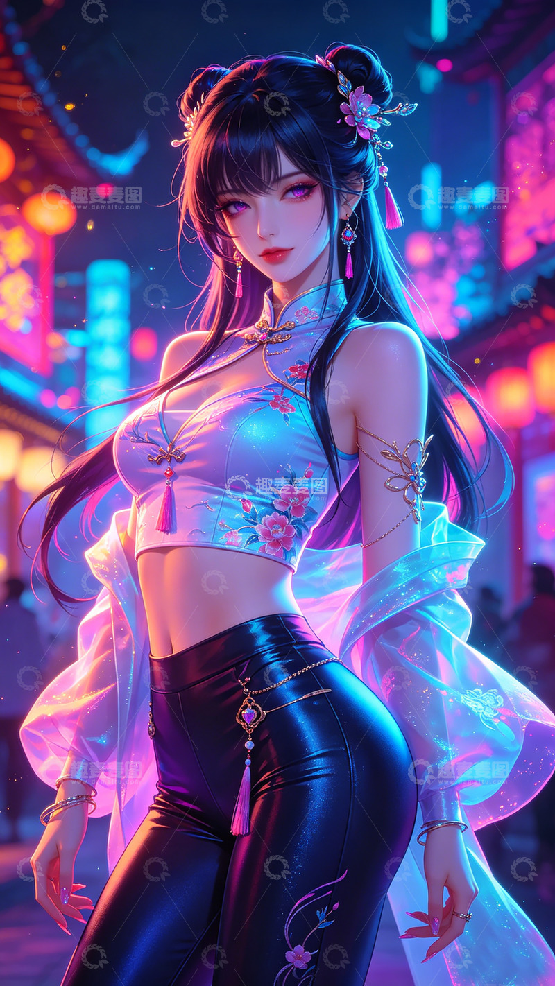 高清大图下载【趣麦麦图】赛博朋克古风美女插画