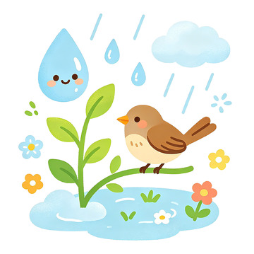 卡通春雨花鸟插画