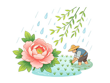 卡通春雨农耕插画