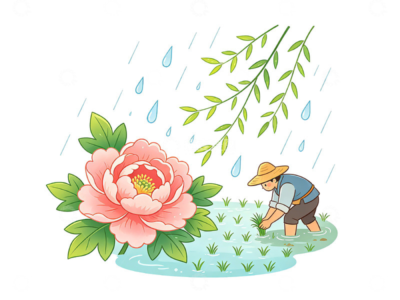 高清大图下载【趣麦麦图】卡通春雨农耕插画