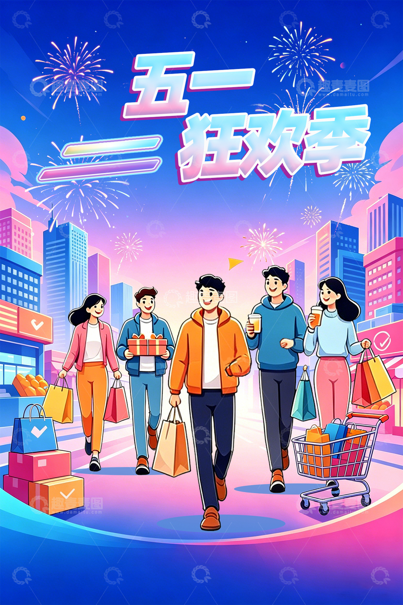 源文件下载【趣麦麦图】五一狂欢季购物插画