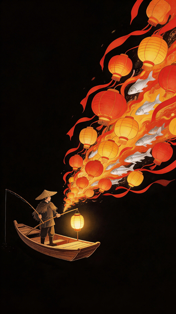 灯笼鱼群渔船夜景插画