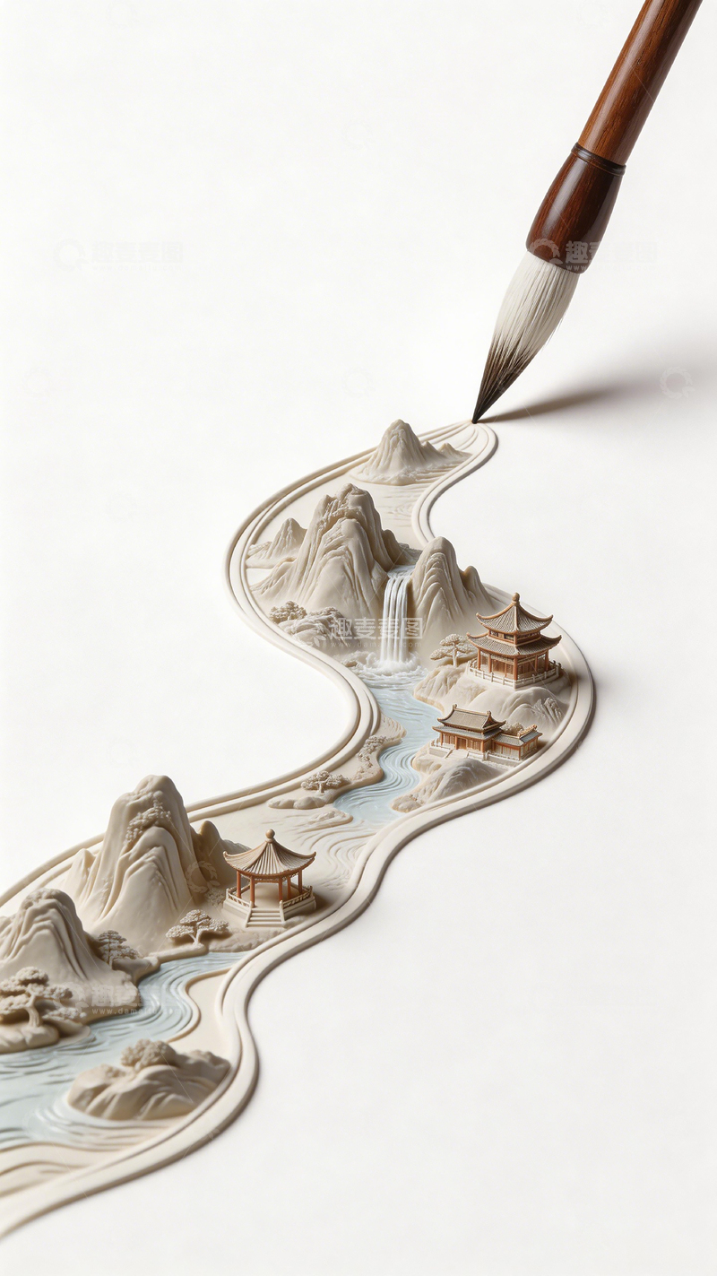 高清大图下载【趣麦麦图】山水画卷毛笔绘画