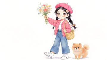 粉色外套女孩与小狗插画壁纸素材