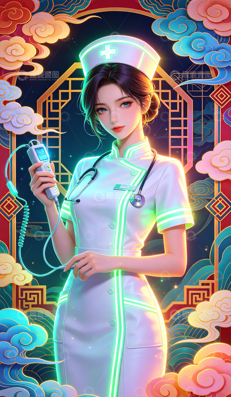高清大图下载【趣麦麦图】霓虹灯护士插画艺术设计素材