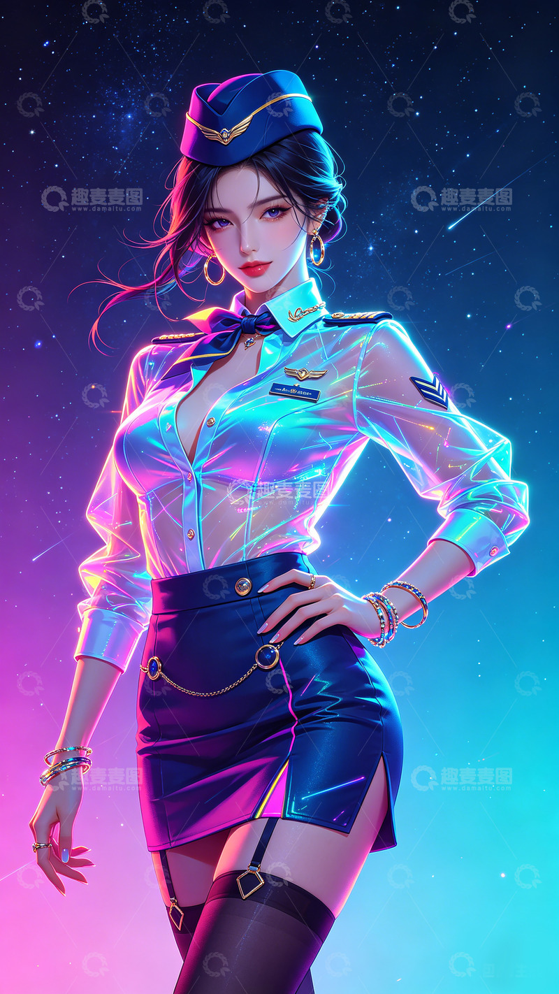 高清大图下载【趣麦麦图】科幻风女军官炫光插画