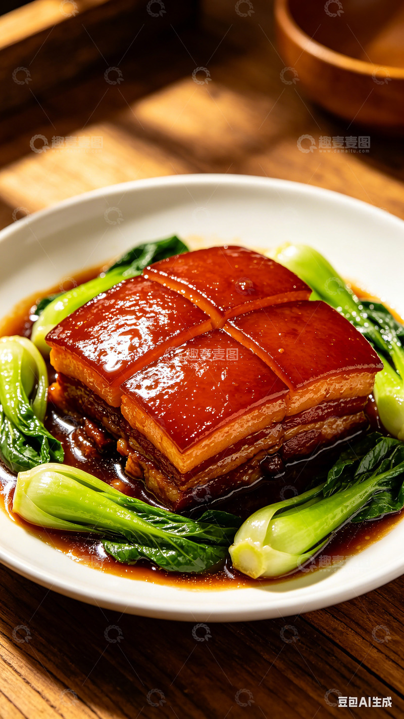 高清大图下载【趣麦麦图】中式红烧肉配青菜美食摄影
