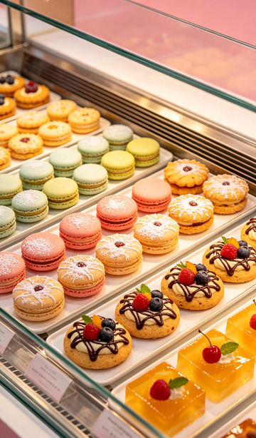 甜品店玻璃柜马卡龙展示