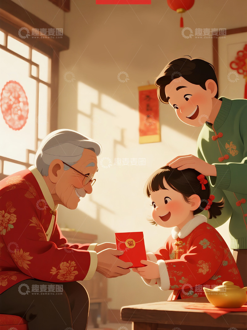 高清大图下载【趣麦麦图】春节主题插画爷爷给孙子发红包
