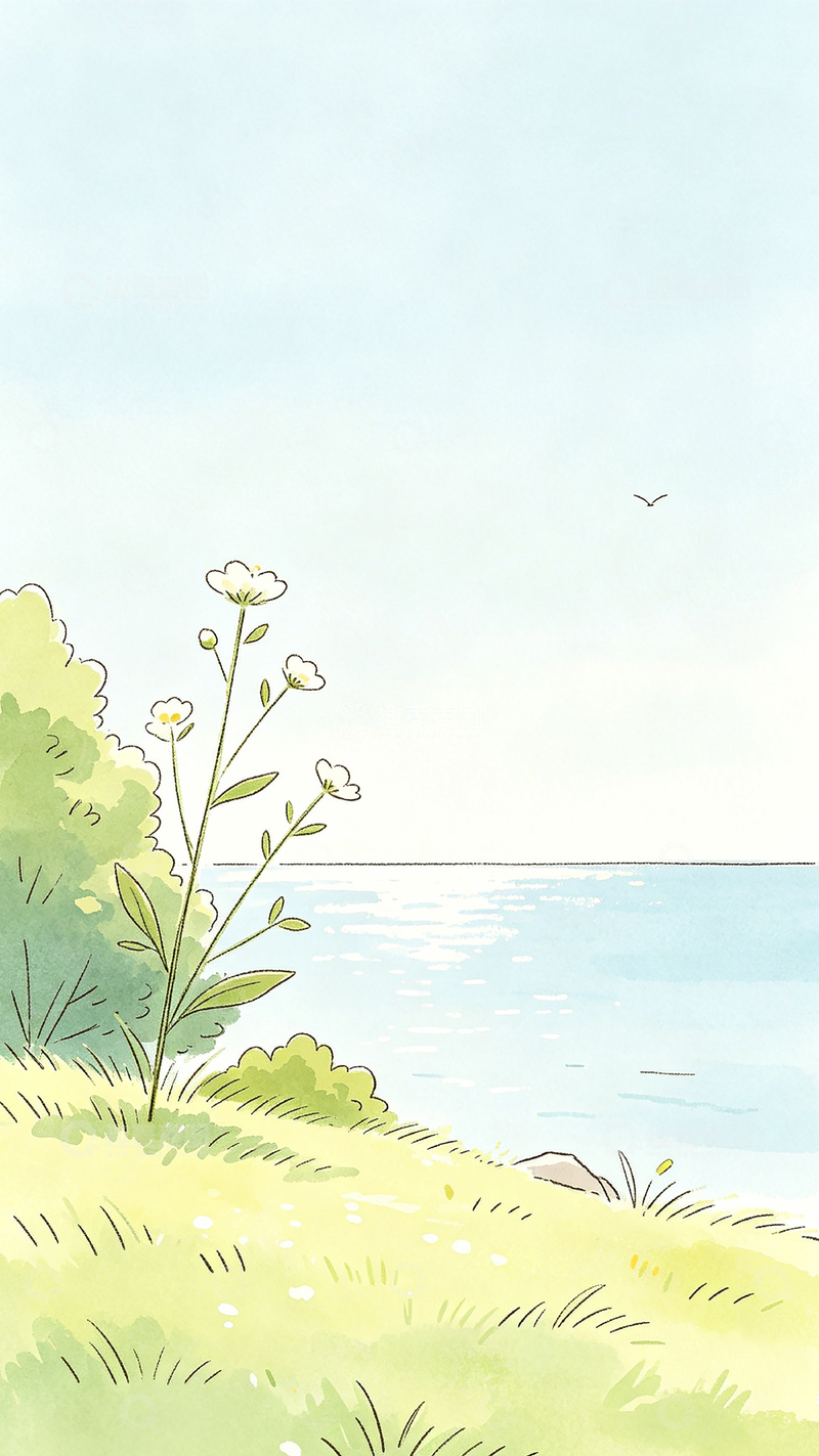 高清大图下载【趣麦麦图】水彩风景海边花草插画