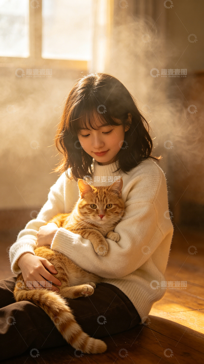 高清大图下载【趣麦麦图】温馨家居猫女人像写真