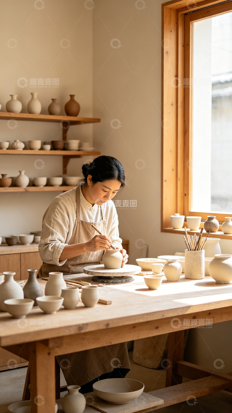 高清大图下载【趣麦麦图】陶艺工作室女性制作陶器