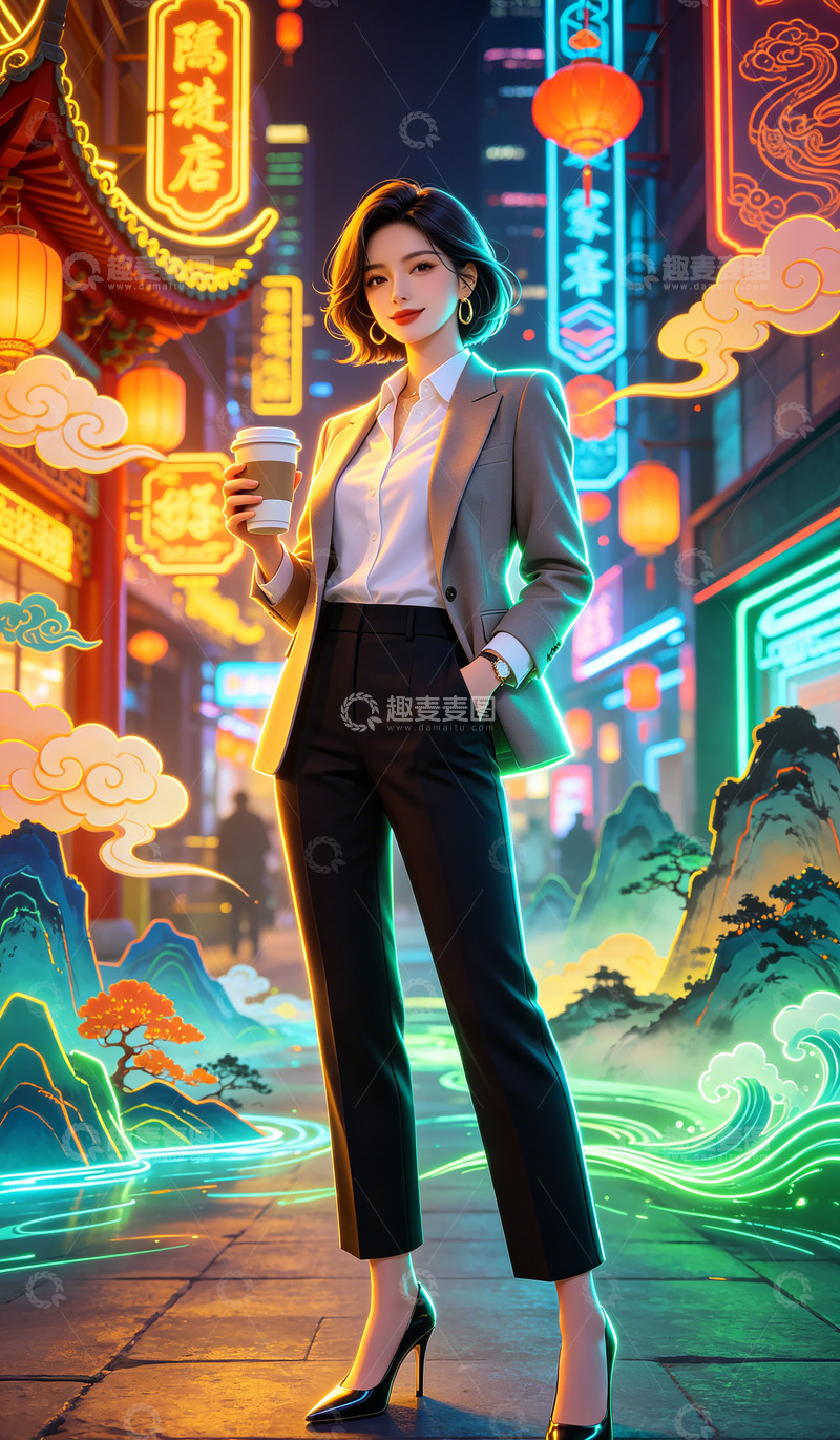 高清大图下载【趣麦麦图】都市夜景女性插画