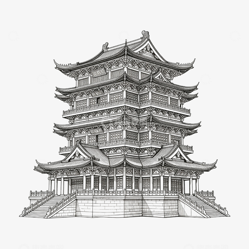 源文件下载【趣麦麦图】-滕王阁线描插画1