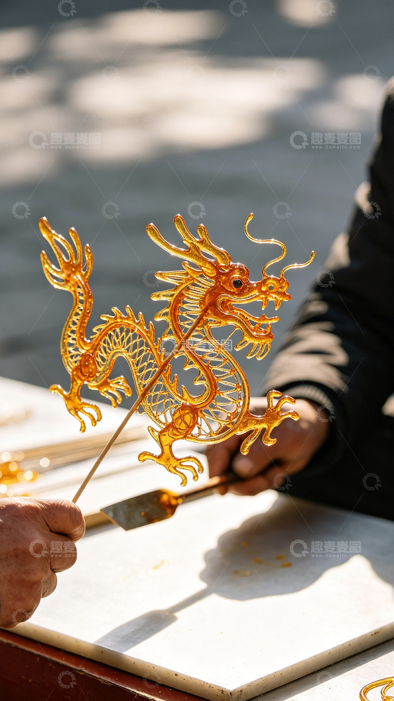 高清大图下载【趣麦麦图】糖画艺术中国传统手工艺糖画龙
