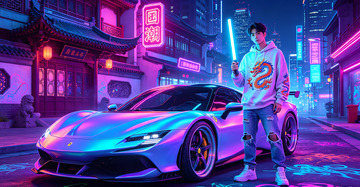 赛博朋克风超跑与青年海报