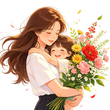 温馨母亲节母女插画鲜花拥抱场景