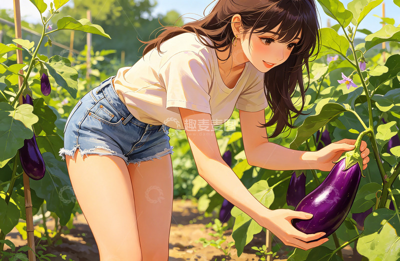 高清大图下载【趣麦麦图】夏日田园采摘茄子插画