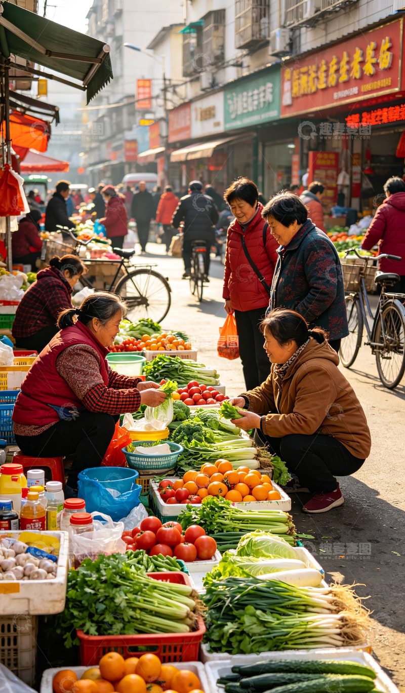 高清大图下载【趣麦麦图】热闹集市蔬菜摊生活场景摄影