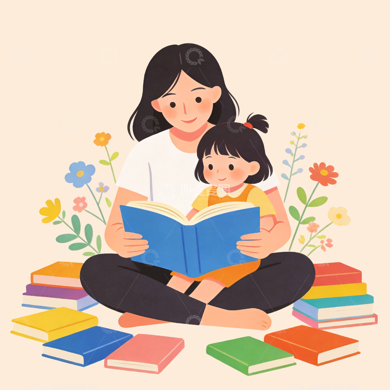 源文件下载【趣麦麦图】-扁平插画温馨亲子阅读场景2