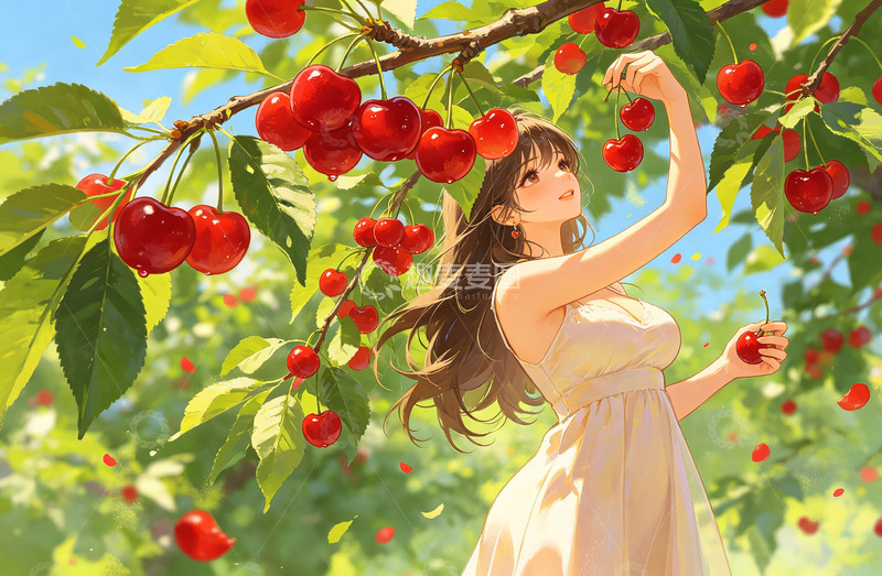 高清大图下载【趣麦麦图】樱桃树下少女采摘插画
