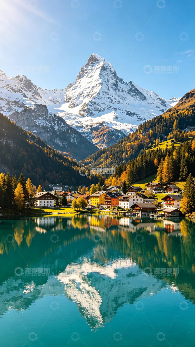 高清大图下载【趣麦麦图】雪山湖畔秋色美景