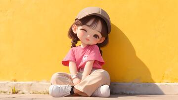 卡通女孩坐墙边粉衣可爱壁纸素材