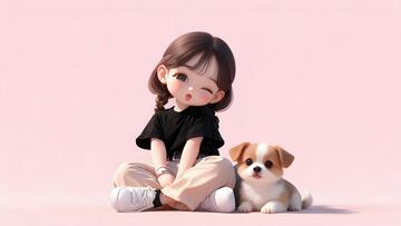 卡通女孩小狗温馨插画壁纸素材