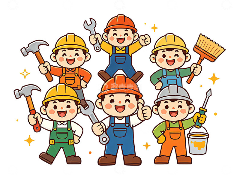 高清大图下载【趣麦麦图】卡通工人建筑队形象插画