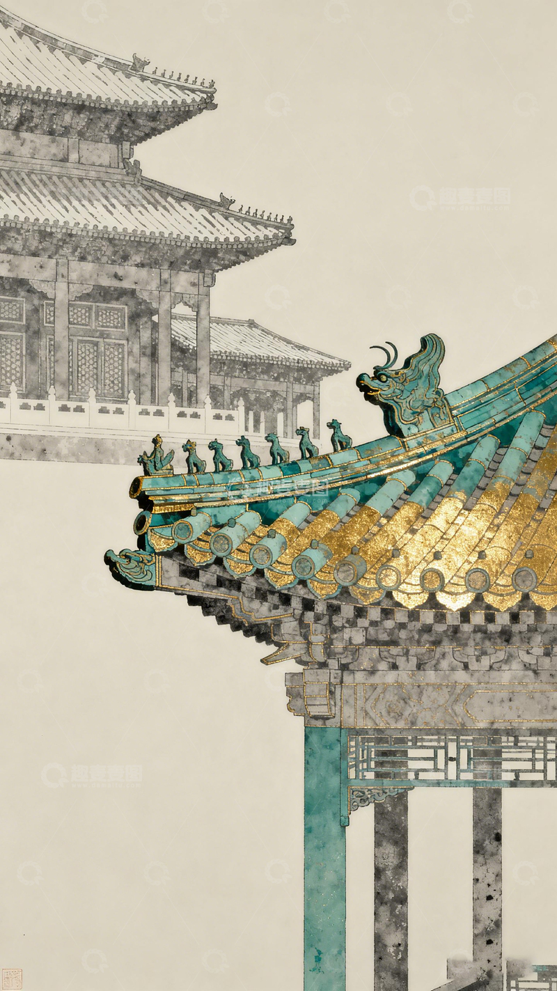 高清大图下载【趣麦麦图】古风建筑彩绘插画