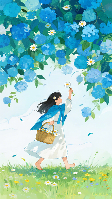 绣球花少女踏青插画