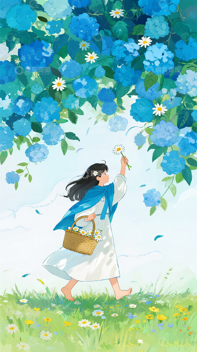 高清大图下载【趣麦麦图】-绣球花少女踏青插画