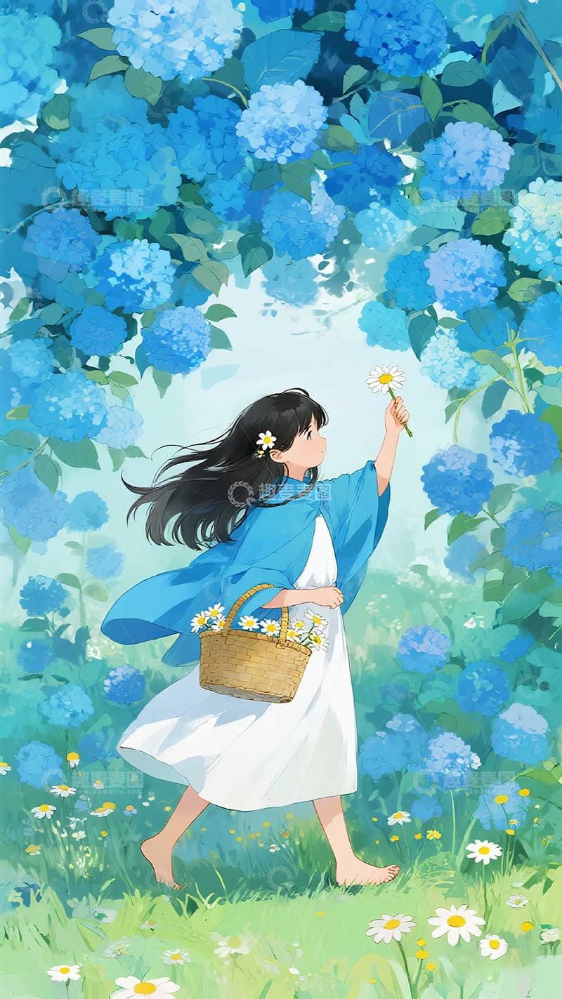 高清大图下载【趣麦麦图】绣球花园少女插画