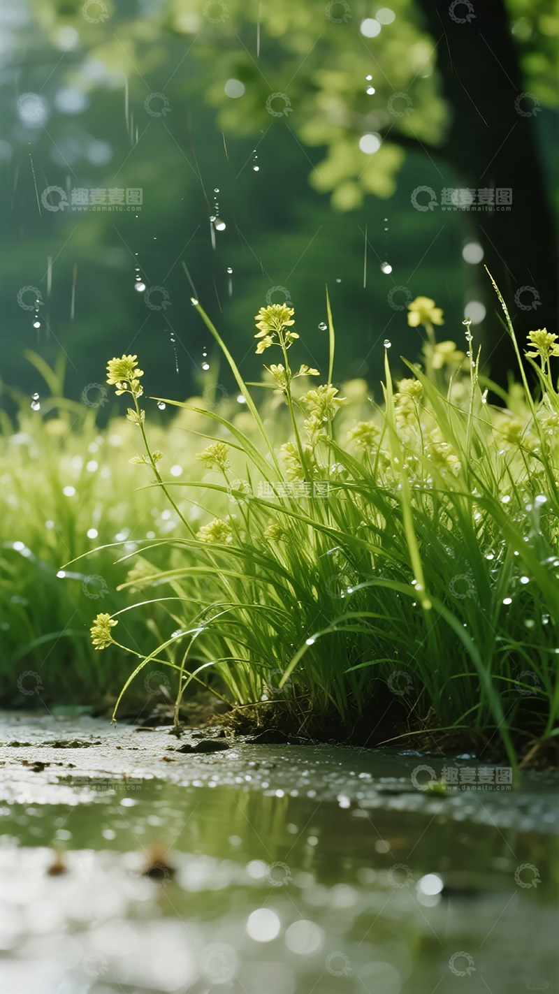 高清大图下载【趣麦麦图】雨中青草黄花景
