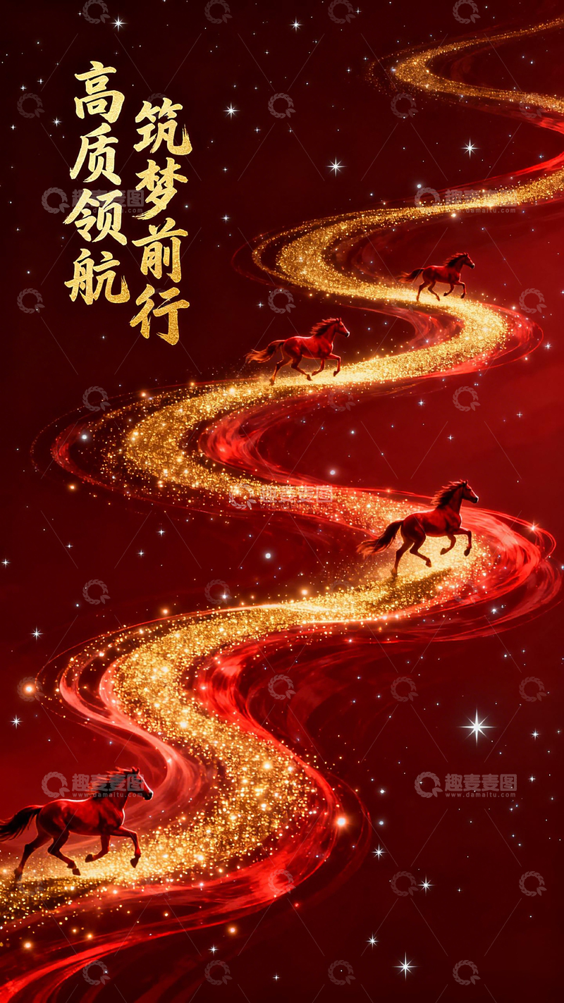 高清大图下载【趣麦麦图】红金筑梦马行图