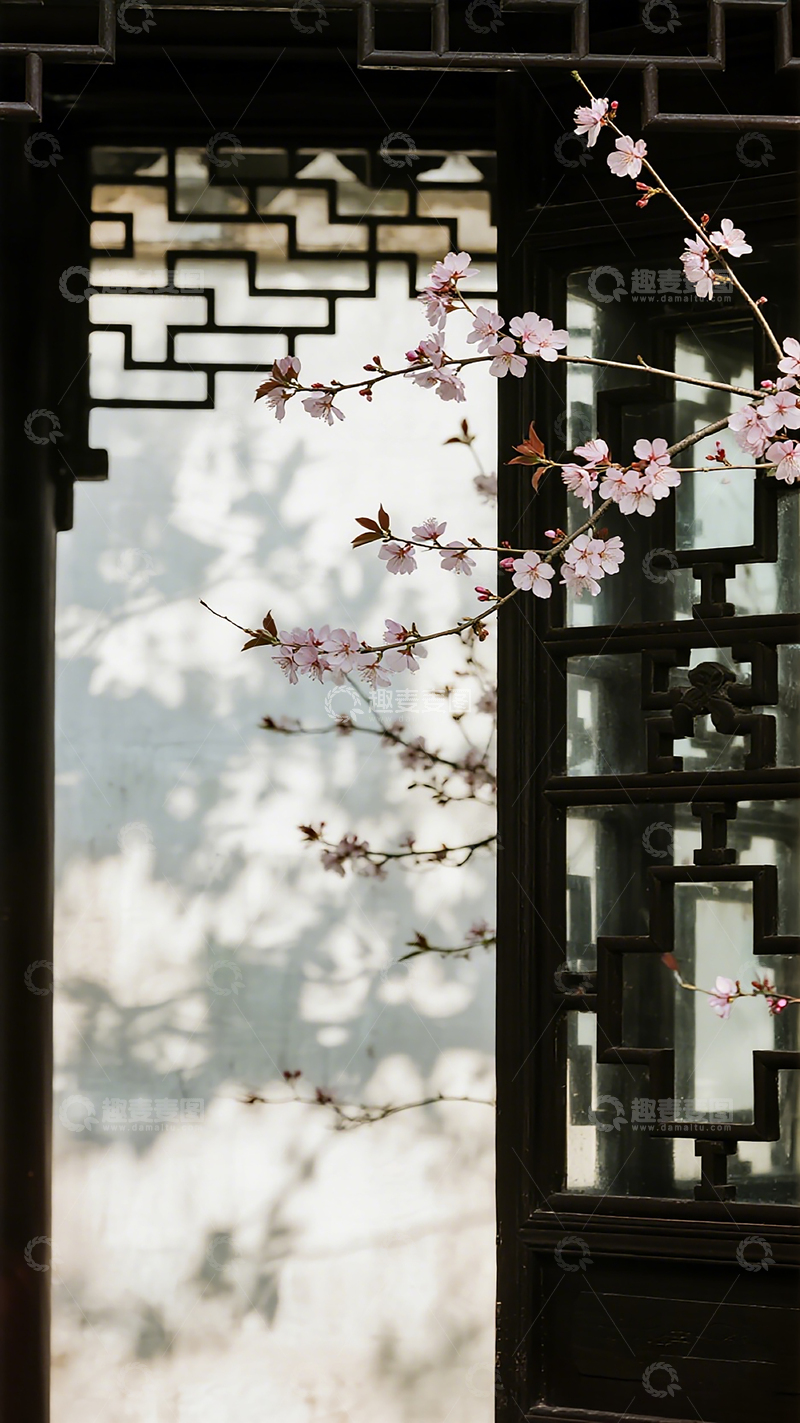高清大图下载【趣麦麦图】古韵樱花窗棂景色
