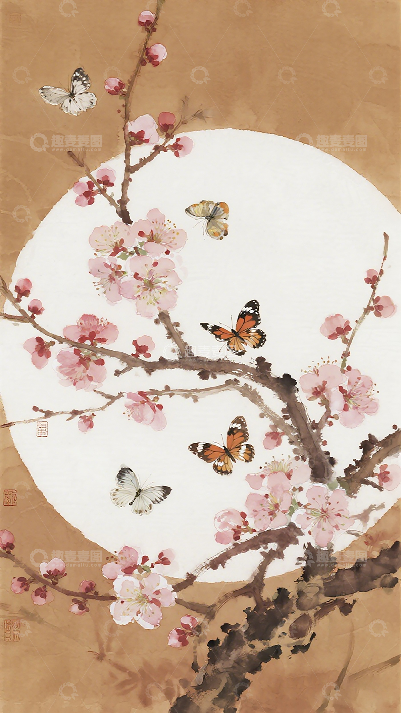 高清大图下载【趣麦麦图】工笔桃花蝴蝶国画艺术画作