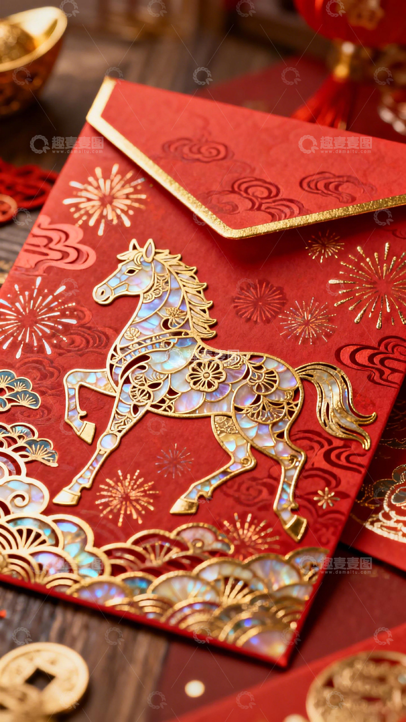 高清大图下载【趣麦麦图】新春佳节马踏烟花红包设计
