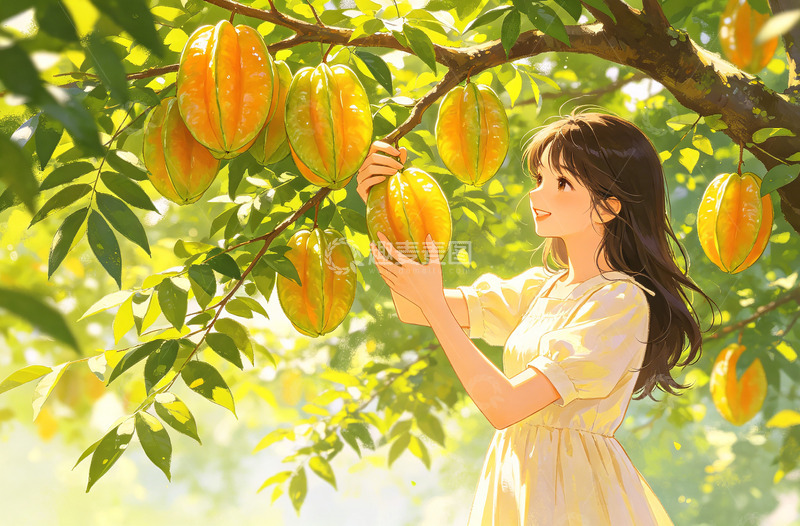 高清大图下载【趣麦麦图】田园风少女摘果杨桃插画