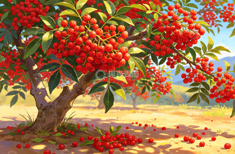 高清大图下载【趣麦麦图】丰收花椒火棘果插画素材