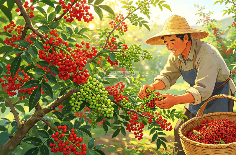 高清大图下载【趣麦麦图】田园风光采摘果实花椒插画