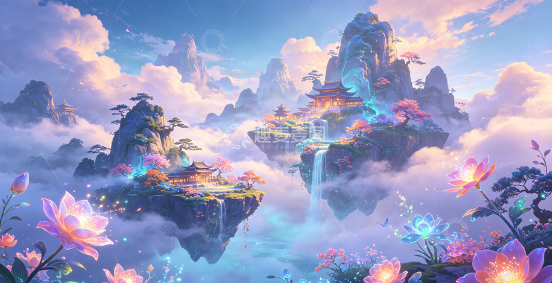 高清大图下载【趣麦麦图】仙境飘浮岛屿奇幻场景插画