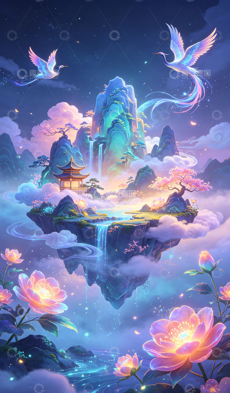 高清大图下载【趣麦麦图】仙鹤飞舞山水仙境插画