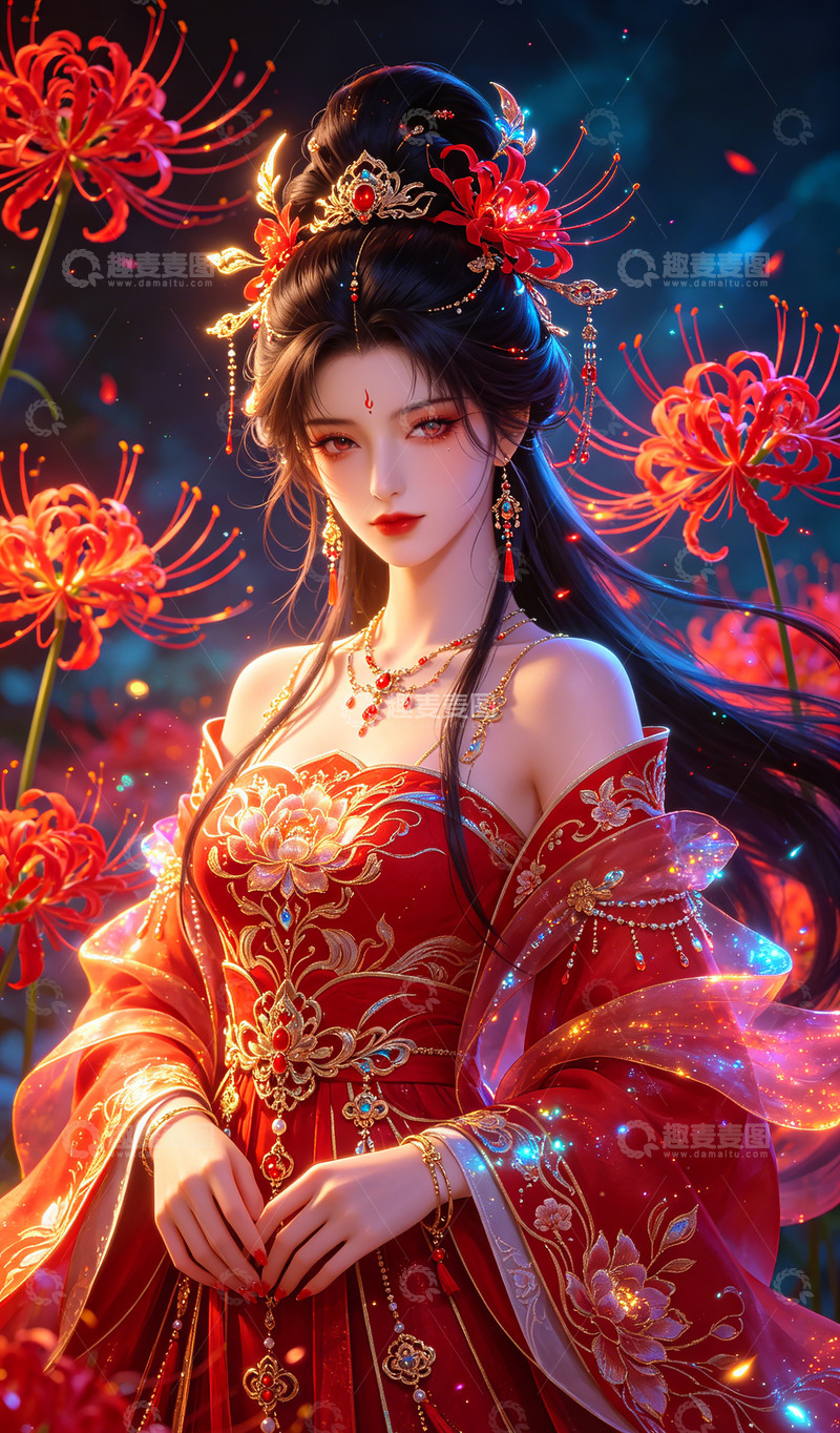 高清大图下载【趣麦麦图】华丽古风新娘红袍插画