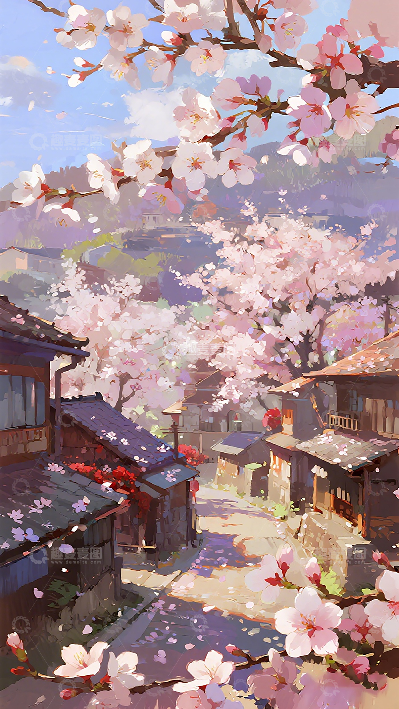高清大图下载【趣麦麦图】樱花村春日风景插画