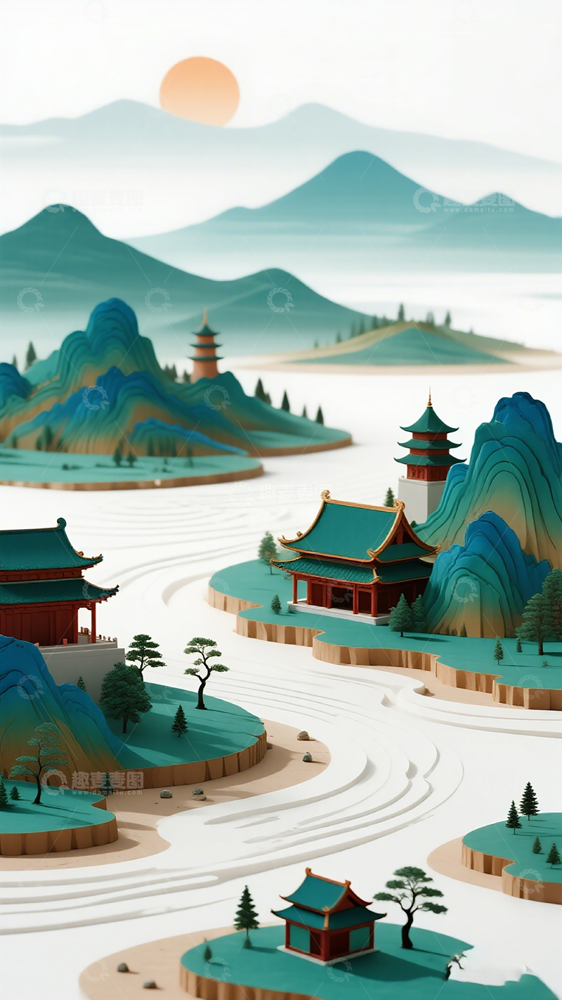 高清大图下载【趣麦麦图】山水风景剪纸艺术插画