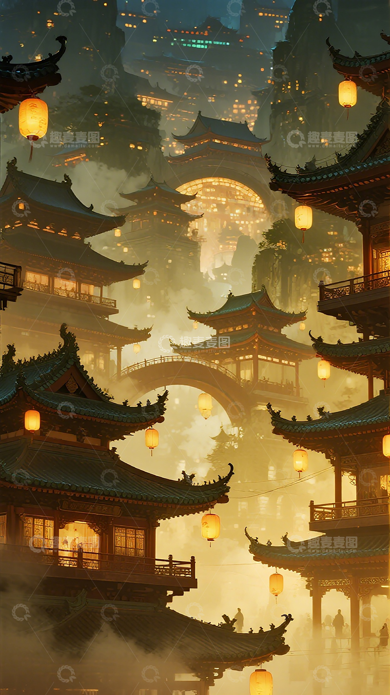 高清大图下载【趣麦麦图】古风灯笼夜景山水插画